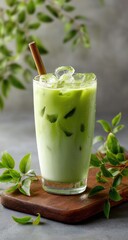 Iced matcha latte in a glass, with ice and a wooden straw, surrounded by green leaves