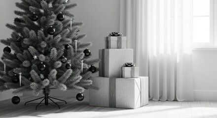 Elegant monochromatic Christmas tree adorned with ornaments alongside neatly stacked wrapped gifts in a bright room with natural light