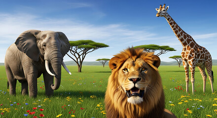 Savannah scene with elephant on the left, lion center, giraffe right, acacias and sky. golden grass