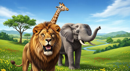 A majestic lion, elephant, and giraffe stride across a sunlit savannah with trees and rolling hills