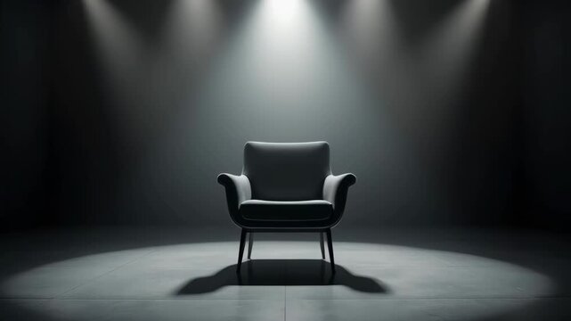 A Single Empty Leather Armchair Illuminated by Stage Spotlights in a Dark Room