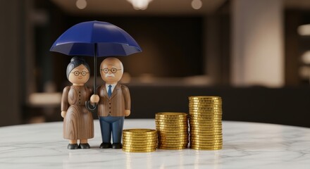 Elderly couple figurine protected by blue umbrella next to stacks of gold coins symbolizing retirement savings and financial security concept