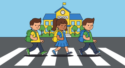 Illustration of three young students with backpacks walking on a crosswalk in front of their school.