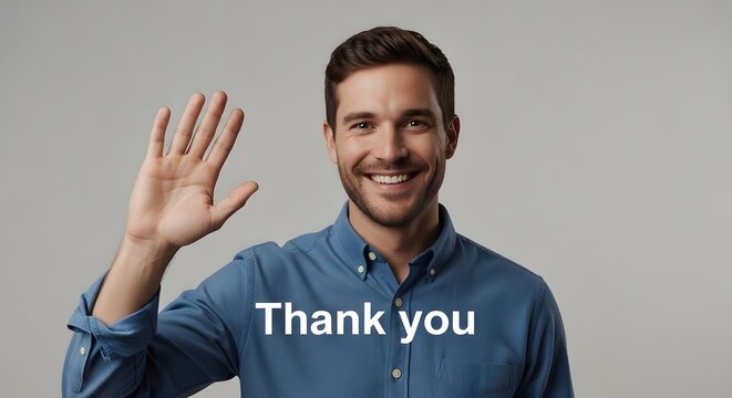 A cheerful man with a friendly smile waving his hand in a gesture of gratitude and saying thank you in a professional setting with a neutral background