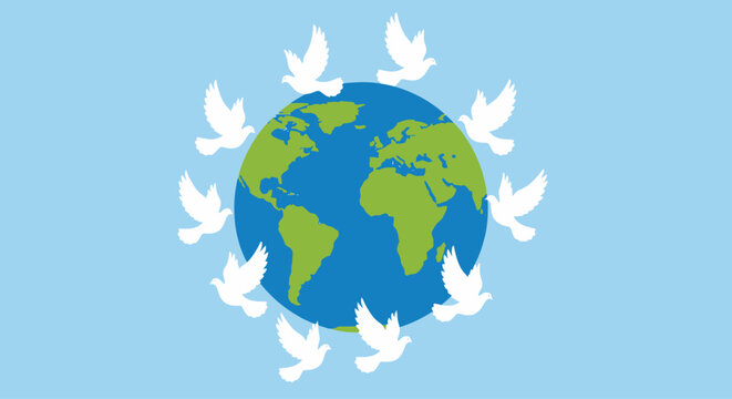 A group of white doves encircles the Earth, symbolizing global peace and unity.