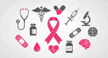 A collection of medical and healthcare-related icons arranged around a pink breast cancer awareness ribbon.