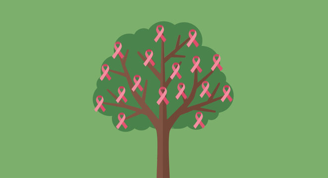 Illustration of a tree adorned with pink ribbons, symbolizing breast cancer awareness and support. - Powered by Adobe
