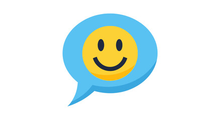 A bright blue speech bubble containing a cheerful yellow smiley face icon.