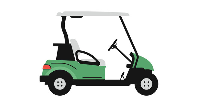 A green golf cart with a white roof and seats, viewed from the side on a plain background.