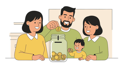 Family saving money in a jar, parents and child smiling.