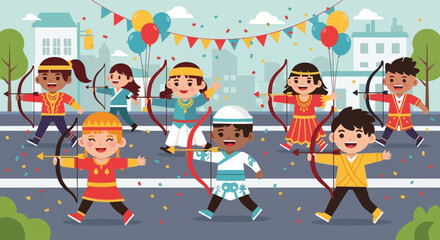 Illustration of diverse children in traditional attire practicing archery during a festival celebration.