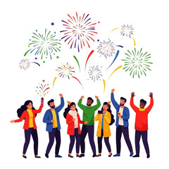 Diverse Group of People Celebrating with Fireworks.