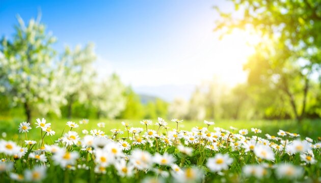 White daisies bloom in a sunlit field with green grass and flowering trees, capturing the freshness and warmth of spring or summer.