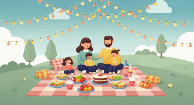 Cheerful Family Enjoying a Festive Outdoor Picnic Celebration.