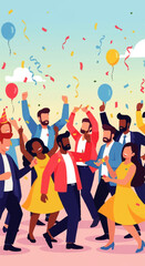 Diverse group of people celebrating with confetti and balloons.