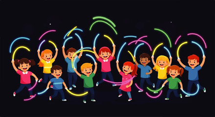 Diverse Group of Happy Children Playing with Glow Sticks.