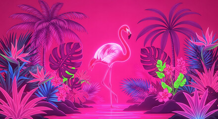 Neon pink tropical oasis; a flamingo stands in glowing water among vibrant plants and palms at dusk