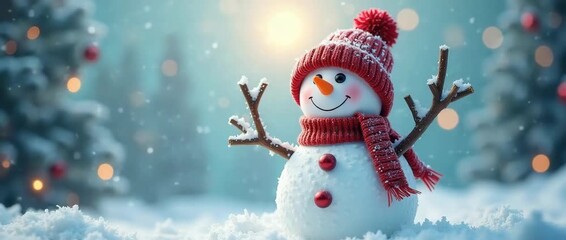 Festive snowman stands cheerfully in a snowy landscape, as gentle snowflakes drift and a slow pan reveals twinkling lights on distant trees, creating a cinematic winter wonderland. - Powered by Adobe