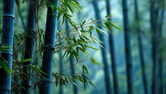 Close-up of vibrant green bamboo leaves and stalks in a misty forest - Powered by Adobe