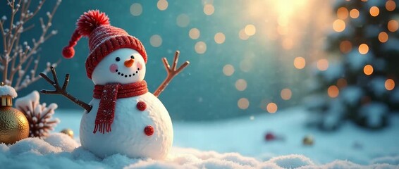 Festive snowman stands cheerfully in a snowy landscape, gentle snowflakes drift as the camera slowly pans, capturing a whimsical, cinematic holiday scene with glowing bokeh lights. - Powered by Adobe