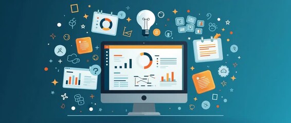 Dynamic infographic elements animate around a central computer screen, with a smooth camera pan enhancing a cinematic, data-driven theme, perfect for business analytics and digital marketing. - Powered by Adobe