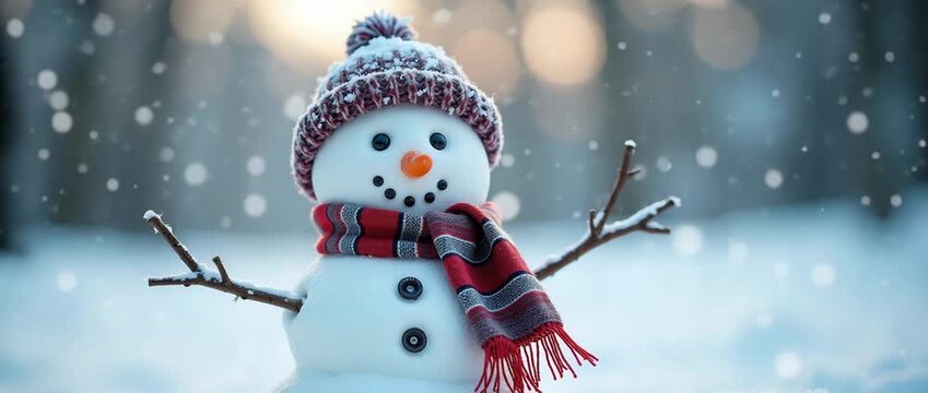 Snowman in winter wonderland with gentle snowfall, camera slowly pans to capture serene, cinematic landscape; snowflakes drift softly, evoking holiday warmth and seasonal charm.