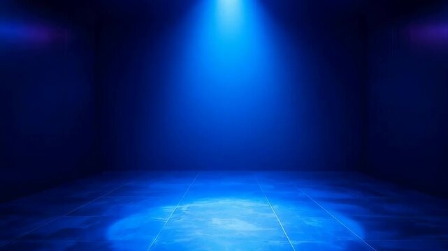 Empty Dark Room With Blue Spotlight On Grungy Concrete Floor And Dark Walls illuminated By Neon Lights