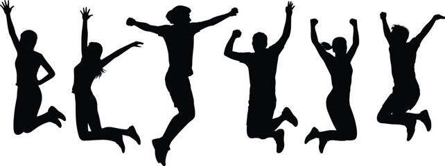 Silhouettes of people jumping with raised arms in energetic poses for celebration, joy, freedom, lifestyle, and illustration design use