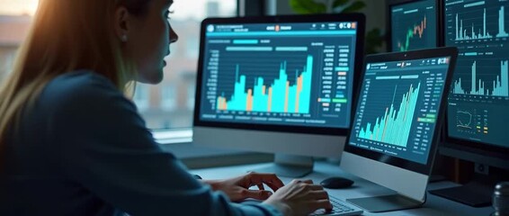 Focused woman analyzing financial data on computer screens in a modern office, with dynamic graphs updating, while the camera slowly pans across the scene in a cinematic style. - Powered by Adobe