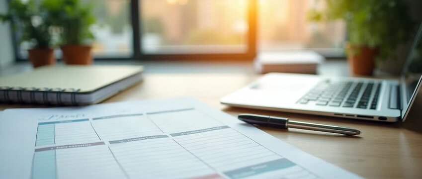 Sunlit office desk with planner and laptop, papers gently rustle, soft focus on background, camera slowly pans, creating a serene, productive atmosphere, ideal for business planning themes.