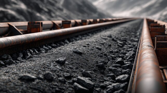Close-up of rusty railway tracks receding into a blurred, grayscale mountainous landscape under a hazy sky