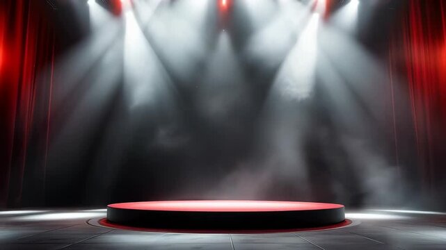 Empty Stage With Red Curtains And Dramatic Spotlight Lighting Smoke And A Red Round Platform For Performance Or Presentation