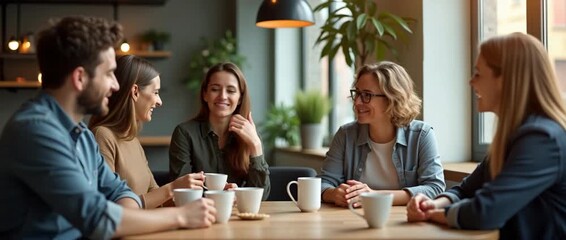 Cinematic group of friends enjoying coffee and laughter in a cozy cafe, camera slowly panning to capture warm smiles, soft ambient lighting flickers, creating a welcoming atmosphere.
