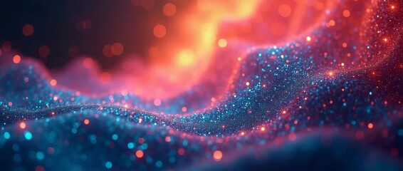 Vibrant particles shimmer and dance in a colorful ambient wave, with slow cinematic camera panning across the scene, creating a mesmerizing, abstract visual experience. - Powered by Adobe