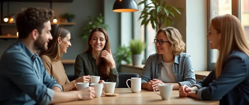Cinematic group of friends enjoying coffee and laughter in a cozy cafe, camera slowly panning to capture warm smiles, soft ambient lighting flickers, creating a welcoming atmosphere.