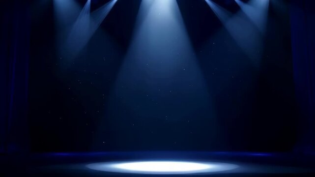 Empty Theater Stage with Dramatic Blue Spotlights and Falling Dust Particles Evoking Anticipation