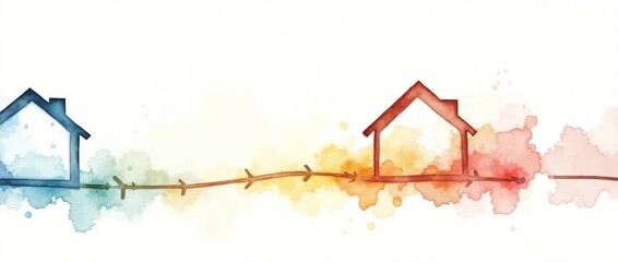 Watercolor animation of two abstract houses connected by a line, with gentle color transitions; the camera slowly pans, capturing the fluid artistic motion and serene ambiance. - Powered by Adobe