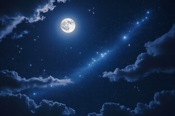 Full Moon and Starry Night Sky with Wispy Clouds and a Celestial Light Streak stars