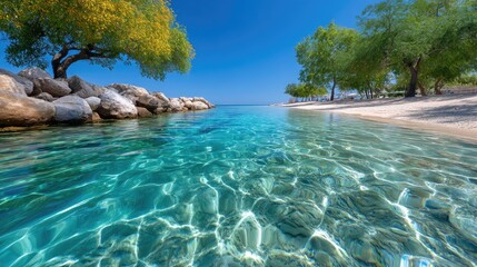 Crystal Clear Turquoise Water Meets Sandy Beach Under Bright Sunlight With Lush Green Trees And Rocky Shoreline On A Sunny Day