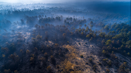 devastation. Aerial view of a charred forest landscape, hazy atmosphere and deep perspective. ESG reports, sustainability campaigns, designed for environmental awareness campaigns.