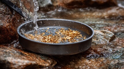 A metallic pan holds gleaming gold flakes as water cascades over them in a shallow, rocky stream
