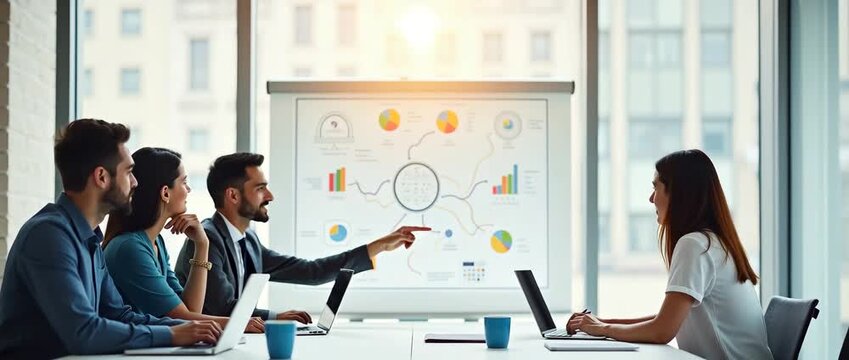 Collaborative business meeting with diverse team discussing strategy, as camera slowly pans to capture dynamic interactions and ambient office movement in a cinematic style. - Powered by Adobe