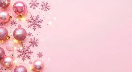 Pastel pink Christmas flatlay with ornaments and fairy lights in dreamy aesthetic style