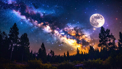 Milky Way and Moon over Forest