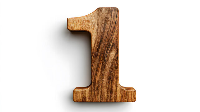 A meticulously crafted wooden number "1" stands prominently against a clean white background, showcasing its rich grain and natural textures.