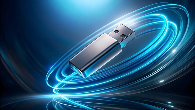 Silver U S B stick with glowing blue light trails in dark blue background USB stick flash drive