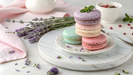 Stack of pastel macarons lavender mint and pink on marble plate image