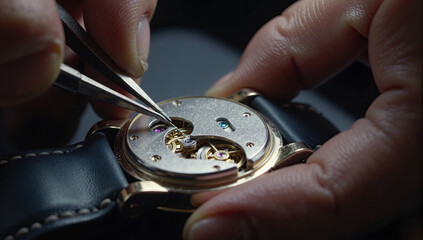 Close-up of watchmaker repairing luxury wristwatch mechanism, precision craftsmanship, detailed gears and metal parts under professional lighting