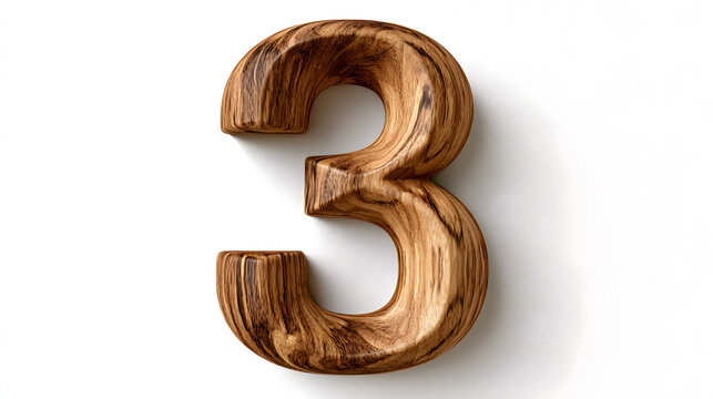 A meticulously crafted wooden number "3" stands prominently against a clean white background, showcasing its rich grain and natural textures.