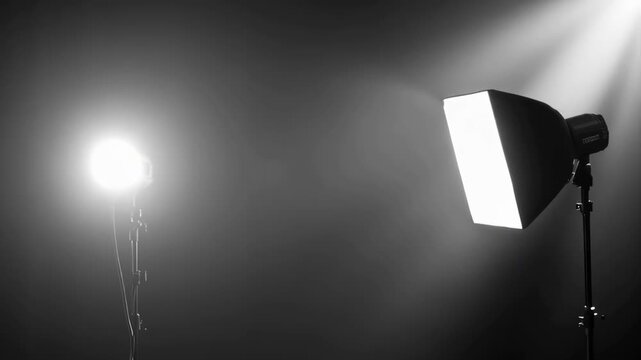 Studio Lighting Setup with Two Professional Softbox and Spotlight Creating Dramatic Atmosphere with Visible Beams in Dark Environment
